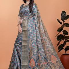 Elegant Floral Printed Silk Saree with Silver Border | Traditional Indian Saree for Weddings & Festive Occasions