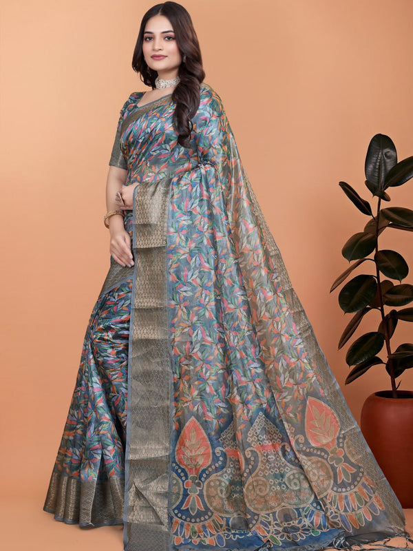 Elegant Floral Printed Silk Saree with Silver Border | Traditional Indian Saree for Weddings & Festive Occasions
