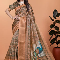Bronze & Olive Green Soft Silk Saree with Majestic Peacock Pallu