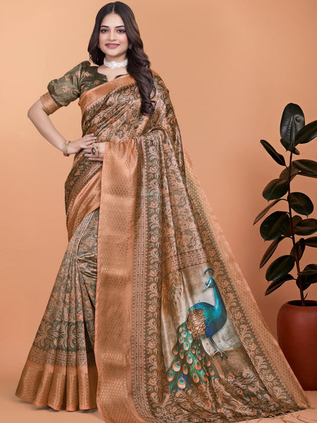 Bronze & Olive Green Soft Silk Saree with Majestic Peacock Pallu