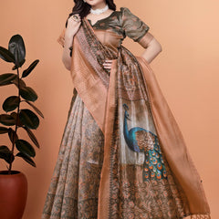 Bronze & Olive Green Soft Silk Saree with Majestic Peacock Pallu