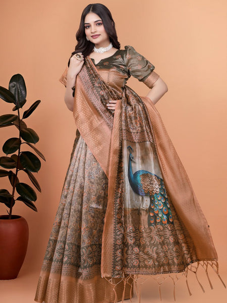 Bronze & Olive Green Soft Silk Saree with Majestic Peacock Pallu