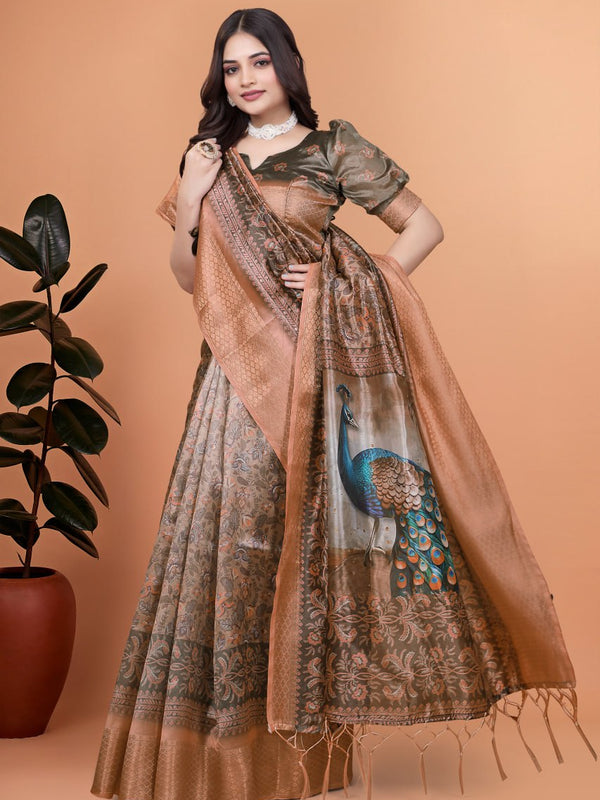 Bronze & Olive Green Soft Silk Saree with Majestic Peacock Pallu