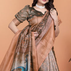 Bronze & Olive Green Soft Silk Saree with Majestic Peacock Pallu