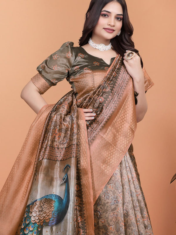 Bronze & Olive Green Soft Silk Saree with Majestic Peacock Pallu