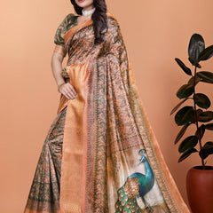 Bronze & Olive Green Soft Silk Saree with Majestic Peacock Pallu