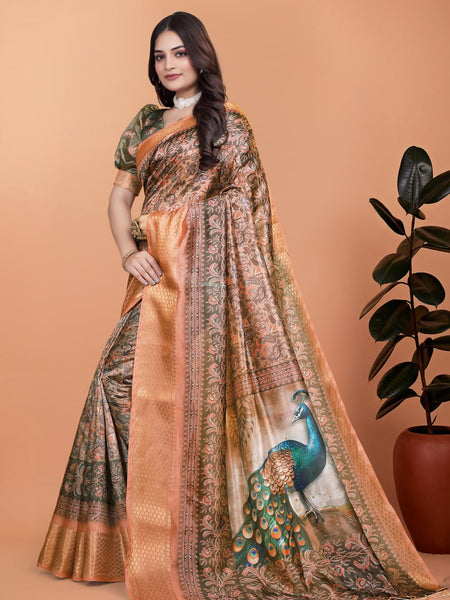 Bronze & Olive Green Soft Silk Saree with Majestic Peacock Pallu