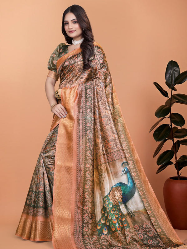 Bronze & Olive Green Soft Silk Saree with Majestic Peacock Pallu
