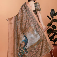 Bronze & Olive Green Soft Silk Saree with Majestic Peacock Pallu