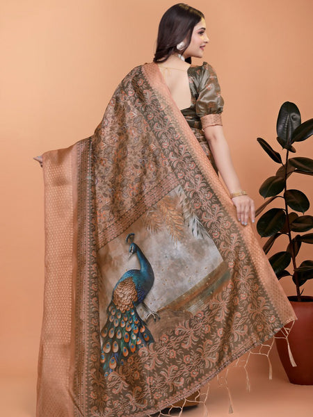 Bronze & Olive Green Soft Silk Saree with Majestic Peacock Pallu