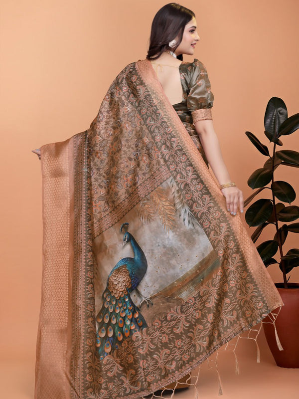 Bronze & Olive Green Soft Silk Saree with Majestic Peacock Pallu