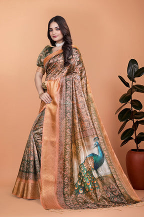 Bronze & Olive Green Soft Silk Saree with Majestic Peacock Pallu