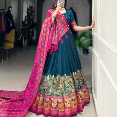 Glamgait Teal Green Printed Lehenga Choli with Pink Banarasi Dupatta