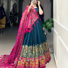 Glamgait Teal Green Printed Lehenga Choli with Pink Banarasi Dupatta