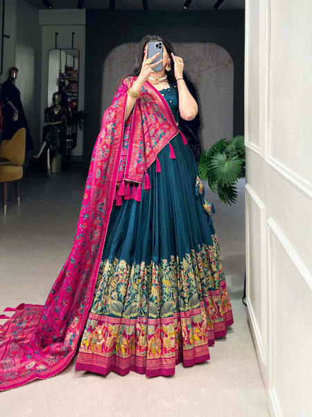 Glamgait Teal Green Printed Lehenga Choli with Pink Banarasi Dupatta