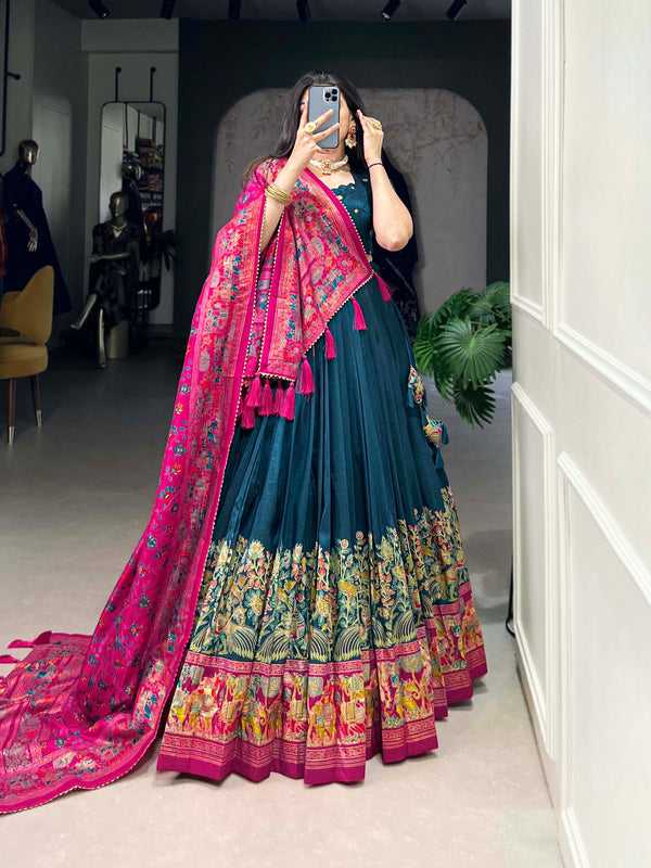 Glamgait Teal Green Printed Lehenga Choli with Pink Banarasi Dupatta