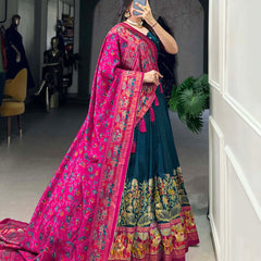 Glamgait Teal Green Printed Lehenga Choli with Pink Banarasi Dupatta