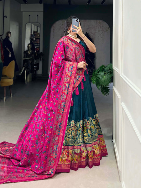 Glamgait Teal Green Printed Lehenga Choli with Pink Banarasi Dupatta
