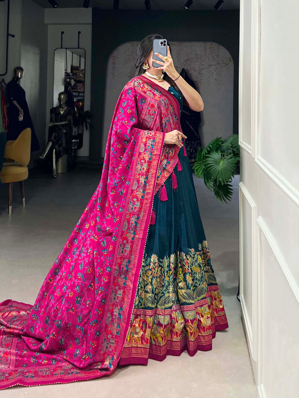 Glamgait Teal Green Printed Lehenga Choli with Pink Banarasi Dupatta