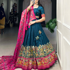 Glamgait Teal Green Printed Lehenga Choli with Pink Banarasi Dupatta
