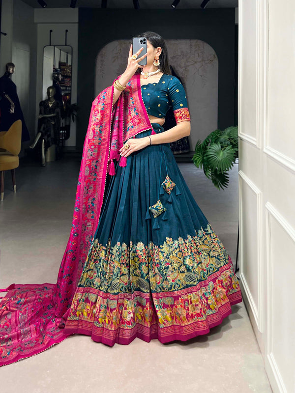 Glamgait Teal Green Printed Lehenga Choli with Pink Banarasi Dupatta