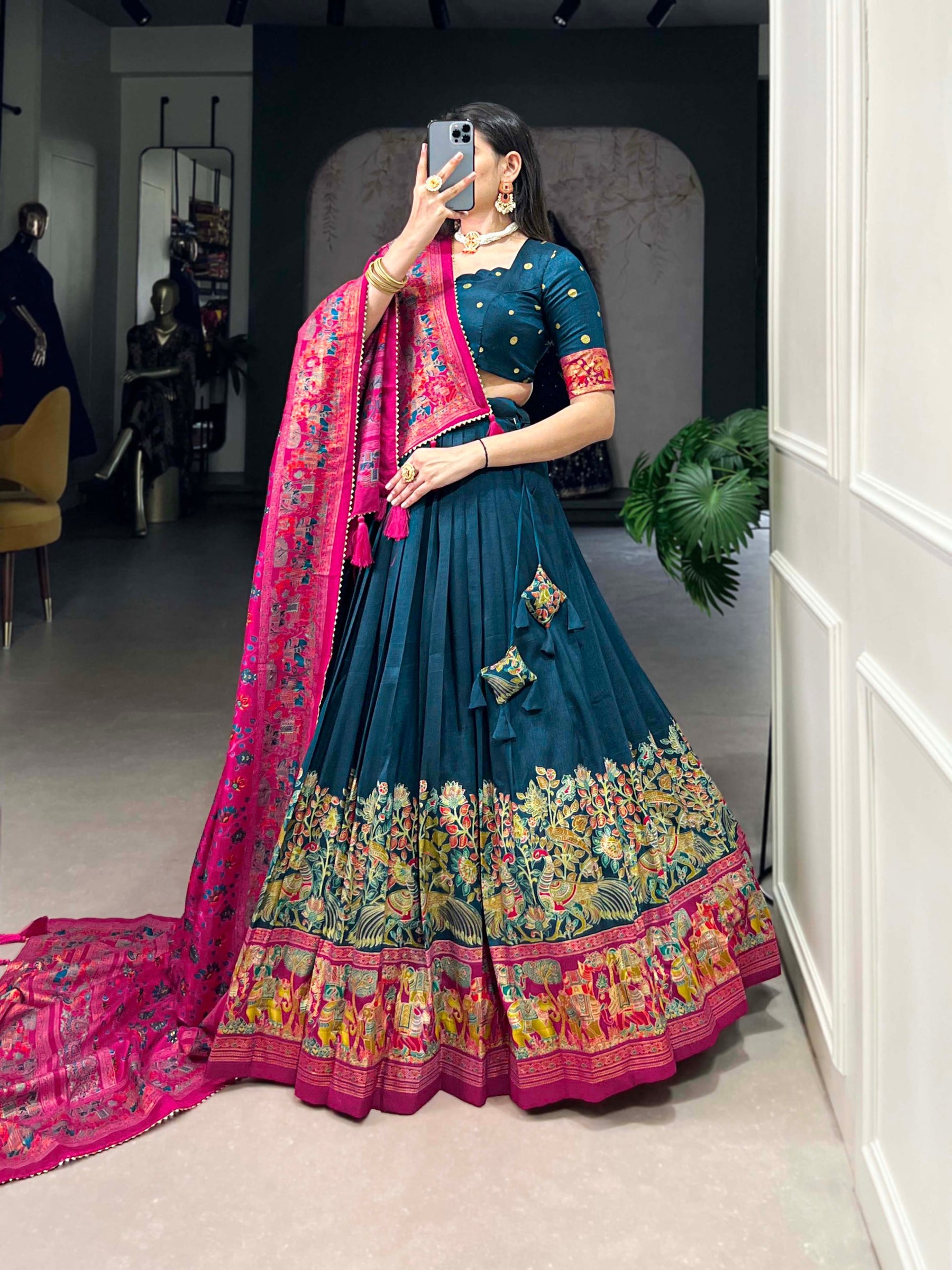 Glamgait Teal Green Printed Lehenga Choli with Pink Banarasi Dupatta
