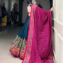 Glamgait Teal Green Printed Lehenga Choli with Pink Banarasi Dupatta