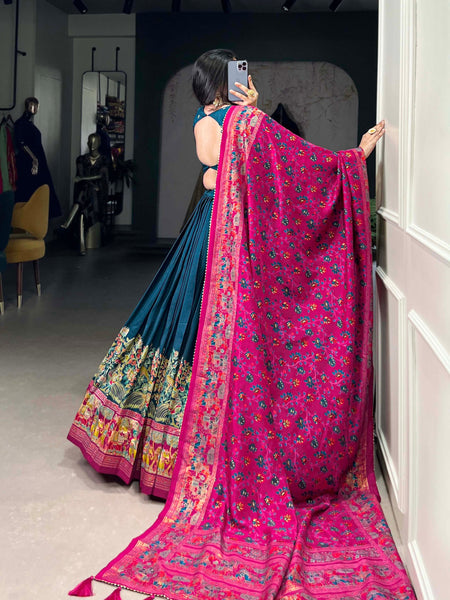 Glamgait Teal Green Printed Lehenga Choli with Pink Banarasi Dupatta