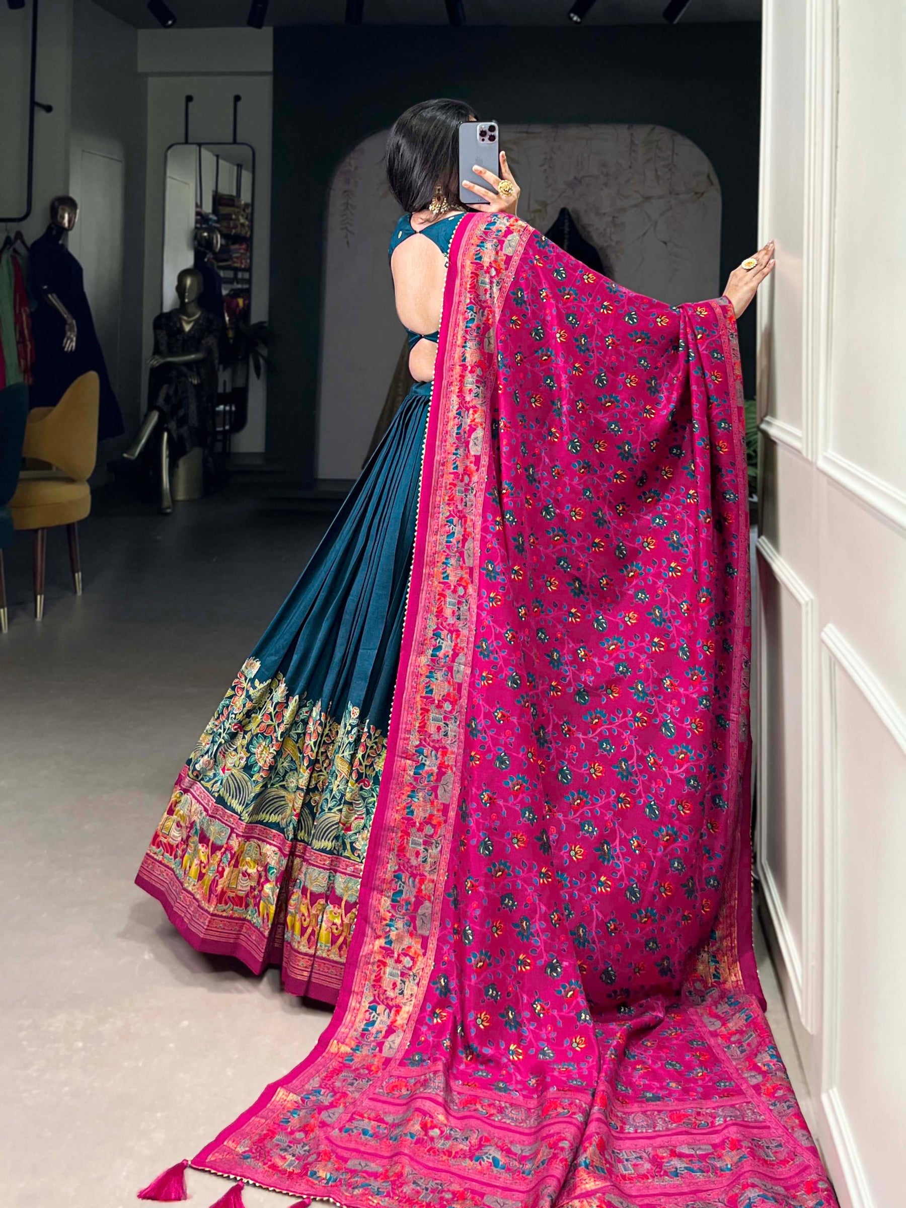 Glamgait Teal Green Printed Lehenga Choli with Pink Banarasi Dupatta