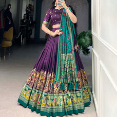 Glamgait Purple Printed Lehenga Choli with Green Banarasi Dupatta
