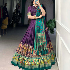 Glamgait Purple Printed Lehenga Choli with Green Banarasi Dupatta