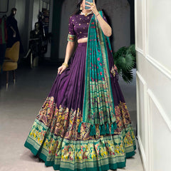 Glamgait Purple Printed Lehenga Choli with Green Banarasi Dupatta