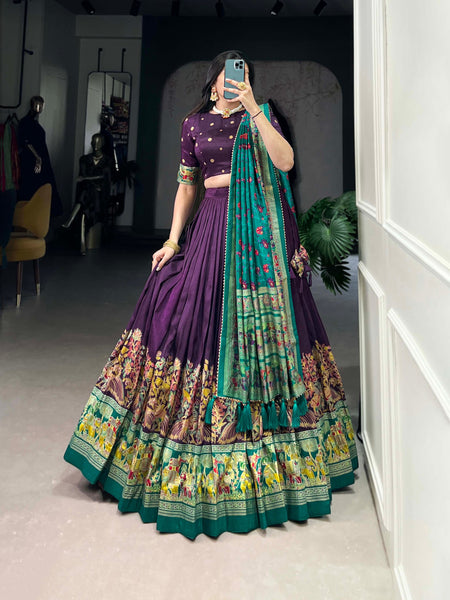 Glamgait Purple Printed Lehenga Choli with Green Banarasi Dupatta