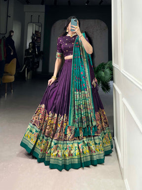 Glamgait Purple Printed Lehenga Choli with Green Banarasi Dupatta