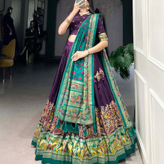 Glamgait Purple Printed Lehenga Choli with Green Banarasi Dupatta