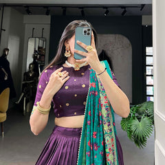 Glamgait Purple Printed Lehenga Choli with Green Banarasi Dupatta