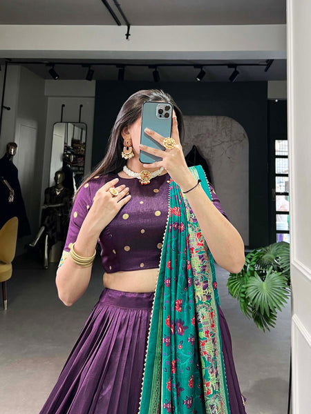 Glamgait Purple Printed Lehenga Choli with Green Banarasi Dupatta