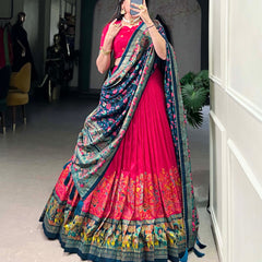 Glamgait Rani Pink Floral Lehenga Choli with Teal Banarasi Dupatta