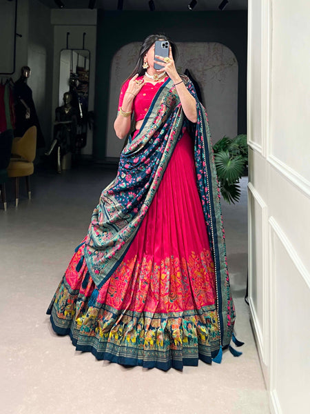 Glamgait Rani Pink Floral Lehenga Choli with Teal Banarasi Dupatta