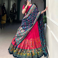 Glamgait Rani Pink Floral Lehenga Choli with Teal Banarasi Dupatta