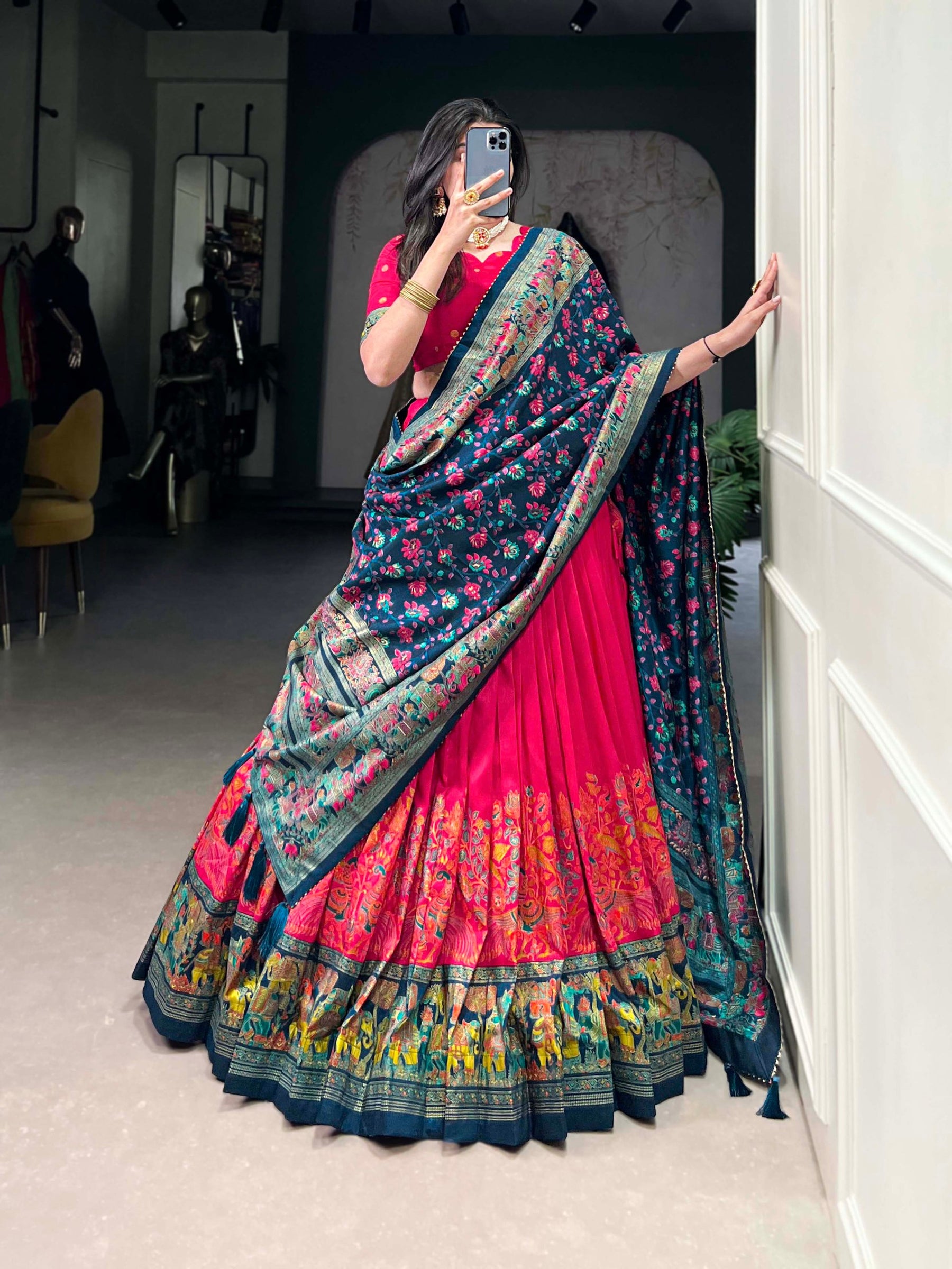 Glamgait Rani Pink Floral Lehenga Choli with Teal Banarasi Dupatta