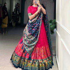 Glamgait Rani Pink Floral Lehenga Choli with Teal Banarasi Dupatta