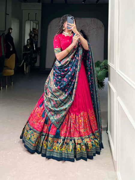 Glamgait Rani Pink Floral Lehenga Choli with Teal Banarasi Dupatta
