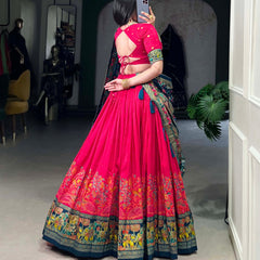 Glamgait Rani Pink Floral Lehenga Choli with Teal Banarasi Dupatta