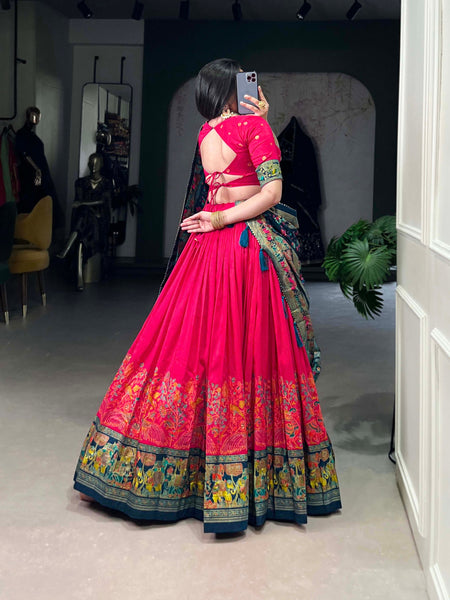Glamgait Rani Pink Floral Lehenga Choli with Teal Banarasi Dupatta