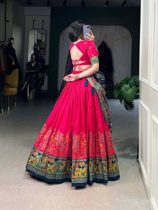 Glamgait Rani Pink Floral Lehenga Choli with Teal Banarasi Dupatta