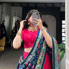 Glamgait Rani Pink Floral Lehenga Choli with Teal Banarasi Dupatta