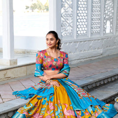 Glamgait Mustard Yellow Floral Lehenga Choli with Blue Silk Dupatta