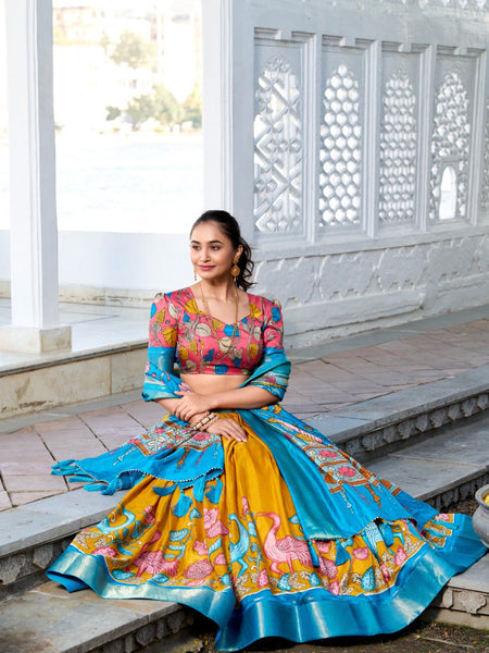 Glamgait Mustard Yellow Floral Lehenga Choli with Blue Silk Dupatta