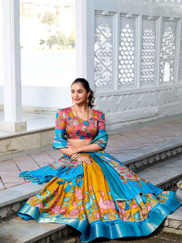 Glamgait Mustard Yellow Floral Lehenga Choli with Blue Silk Dupatta